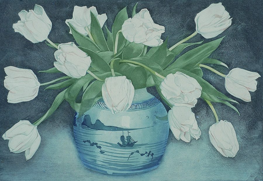 White Tulips in Chinese Ginger Jar (Witte Tulpen in Chinse Gemberpot) - FRANS EVERBAG - etching and aquatint printed in colors