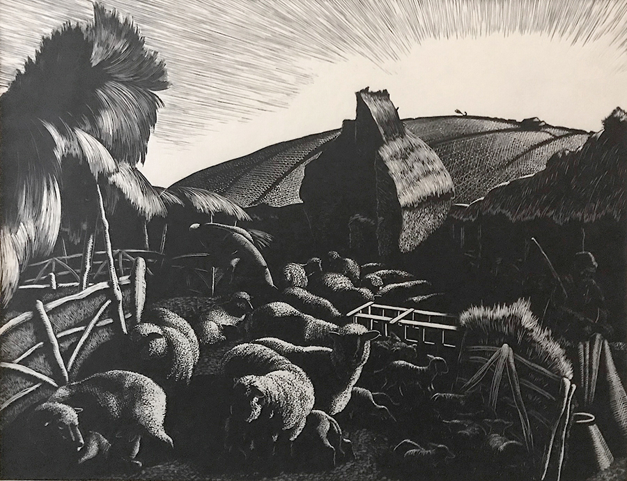 Lambing - CLARE LEIGHTON - wood engraving on cream-colored Japanese paper
