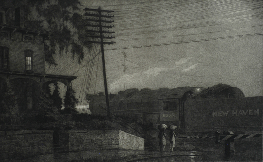 The Passing Freight, Danbury - MARTIN LEWIS - drypoint and sand ground