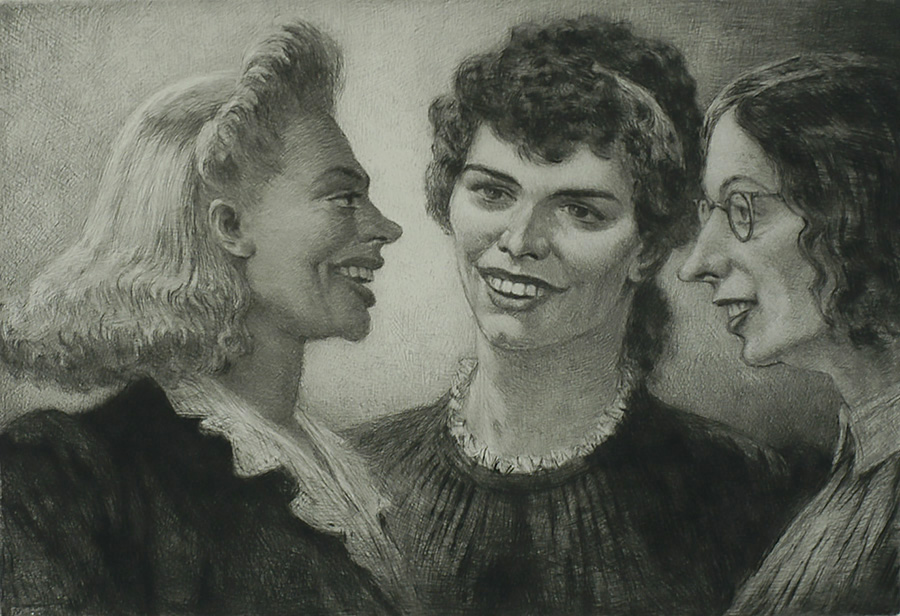 Three Girls Conversing - MARTIN LEWIS - etching with drypoint