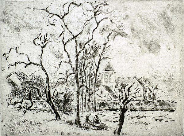 Eglise d'Osny, Pres Pontoise - CAMILLE PISSARRO - etching, drypoint and aquatint
