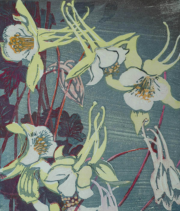 Columbines - MABEL ROYDS - woodcut printed in colors